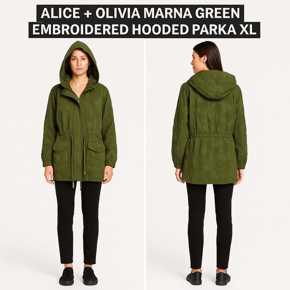 ALICE + OLIVIA MARNA GREEN EMBROIDERED HOODED PARKA XL - Picture 1 of 8
